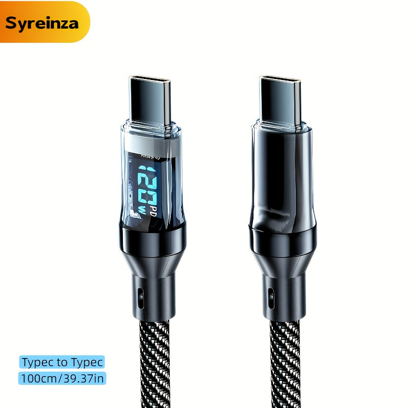 120W6A超快充USB-C线，Type-C转Type-C，黑色扁平尼龙PVC资料同步线，附实时数位显示器,≤36V工作电压，品牌Syreinza，适合家庭办公室旅行尼龙编织加固耐用高品质科技爱好者数据线适用于 iPhone, Android, Samsung