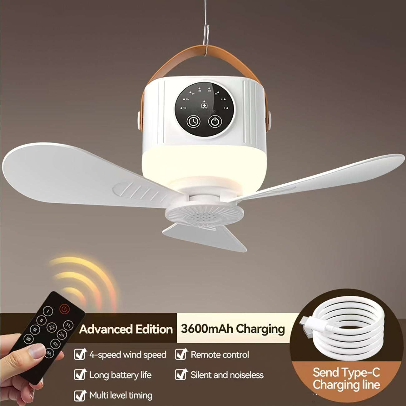 Camping Ceiling Fan, 3-Level Ambient Light, 4-Speed Timer & 4 Wind Speed Adjustment, Remote Control, USB Charging, Long Lasting Battery, Suitable for Camping, Home, Bedroom, Desk, Travel, Car, Dormitory, Workshop