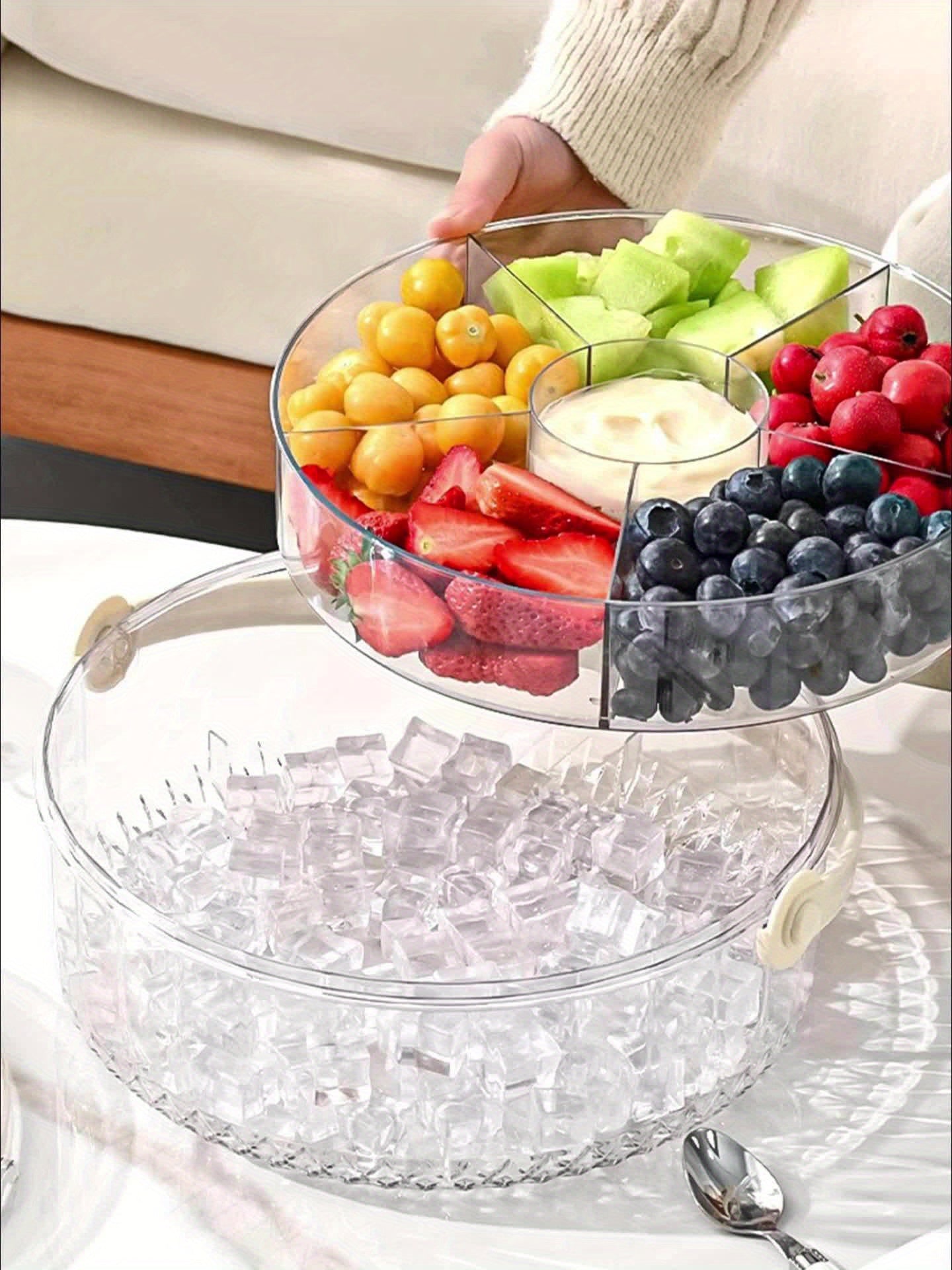 Clear Divided Vegetable Serving Tray with Lid & Dip Section – Rotating Fruit Platter for Parties, Outdoor Picnics, Catering, Takeout & Food Delivery – Ice Cold Handled Basket for Fridge – Perfect for Snacks