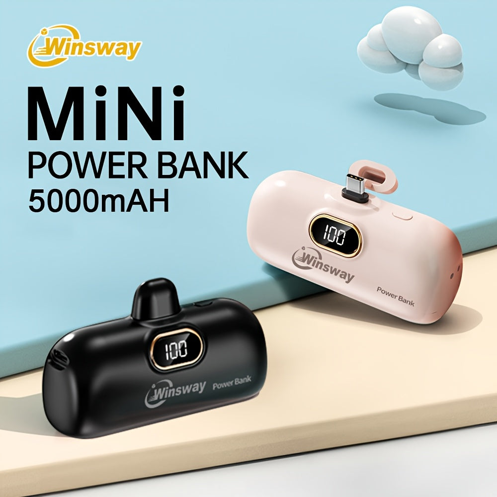 Winsway 5000mAh Super Mini Type-C Power Bank, Digital Display Of Power Value, Lipstick Size, Easy to Carry, Metal Interface Extended to Prevent Shaking And Disconnection, for Phone 16/16 Plus/15 Pro/15 Pro Max/Pad Pro/Android Mobile Phones
