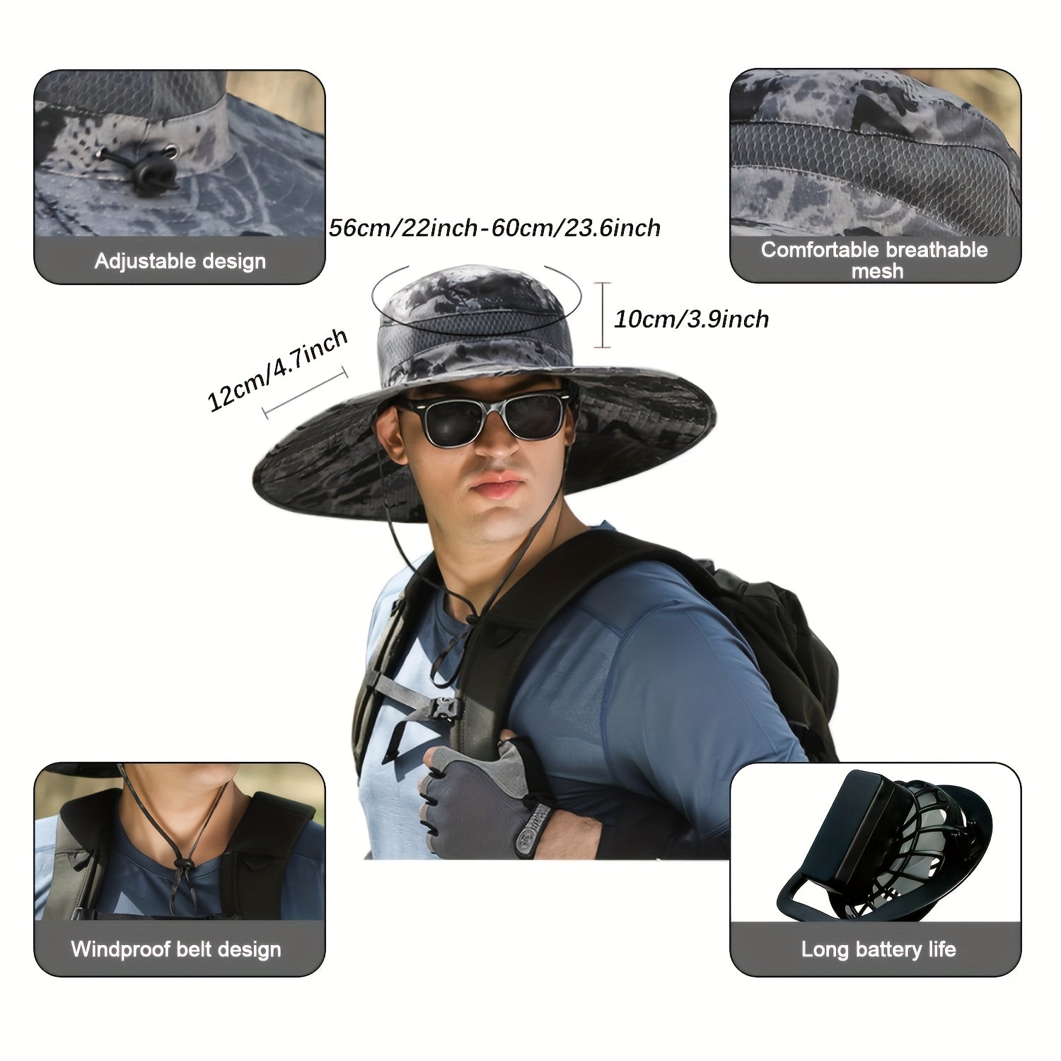 Solar Fan Sun Hat, Rechargeable with Charging Port, Summer Outdoor Wide Brim Bucket Hat, Adjustable Chin Strap, Breathable Mesh, Perfect for Outdoor Sports and Beach Activities
