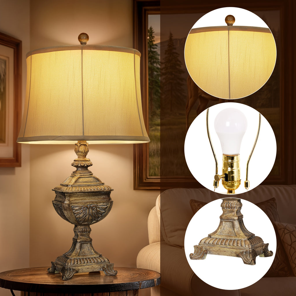 27-inch vintage brown resin table lamp with linen lampshade - 9-watt LED bulb, rotary knob control, metal base, suitable for living room and study decoration, traditional style, living room lamp | traditional style lamp