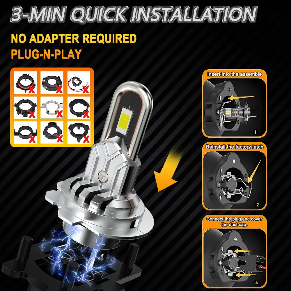 2-Pack Turbo H7 LED High/Low Beam Headlights | Canbus Error-Free, 30000Lm 200W LED CSP Chip, Suitable for Motor Vehicles, No Battery Included