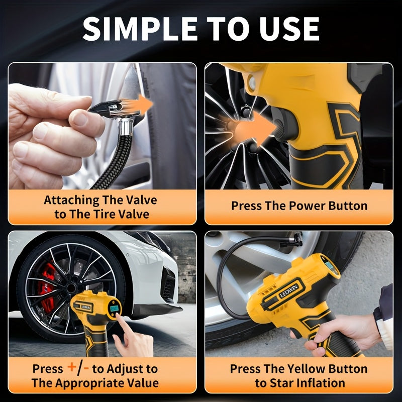 Portable Tire Inflator with Auto Shut-Off, Handheld Air Pump, 150 PSI Cordless Car Tire Pump, with Digital Pressure Gauge / LED Light, Suitable for Cars, Motorcycles, Bicycles, Balls – Compact, Rechargeable, Easy-to-Use Design, Car Accessories