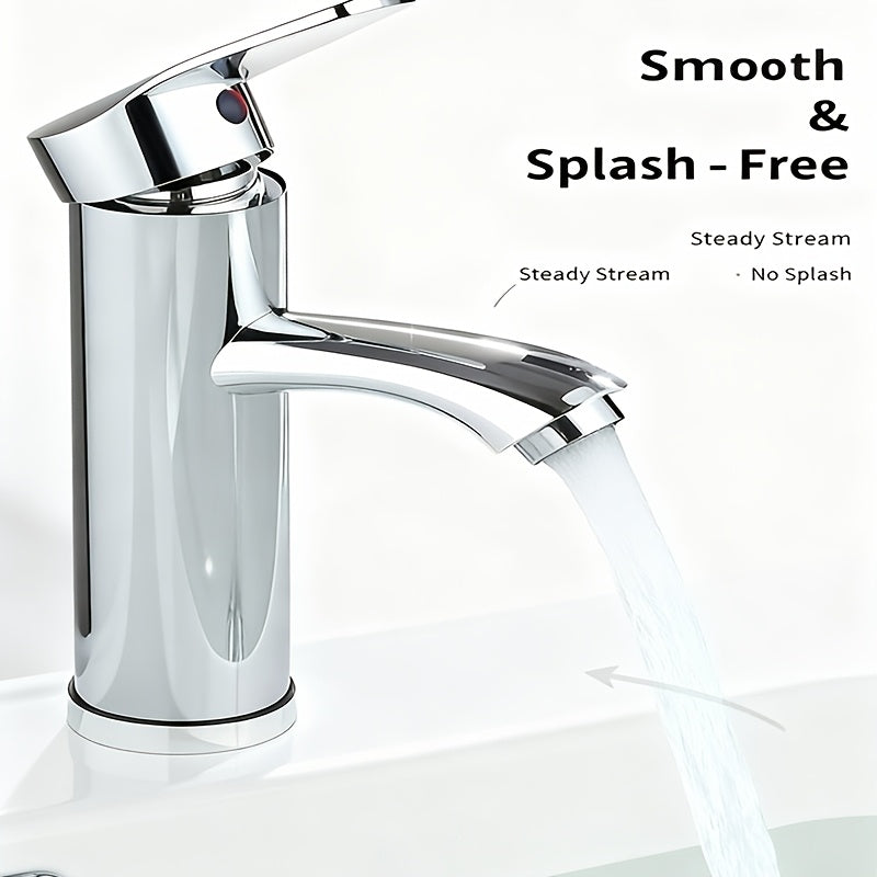1 Modern Bathroom Faucet - Single Handle Round Deck Mount Mixer Basin Faucet, Hot & Cold Water, for Vanity, Sink Cabinet, Kitchen, Hotel, RV with Hoses