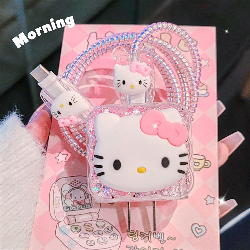 Sanrio Collaboration Hello Kitty Glitter Charging Case Set, Includes a 20W USB-C Fast Charger for Apple, Anti-Bend Protective Case, Suitable for Car/Home/Travel, Tangle-Free And Non-Slip Transparent Silicone Cable Organizer, Adorned with a Cute Bow