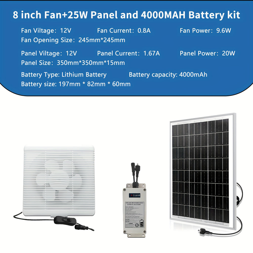 25W Solar Panel Ventilation Fan Set with 4000mAh Battery - 8 Inch High Speed Fan, Designed for Indoor Use, Equipped with Protective Grill and Louvers, Ideal for Ventilation in Greenhouse, Kitchen, Workshop, Shed, Attic and Pet House