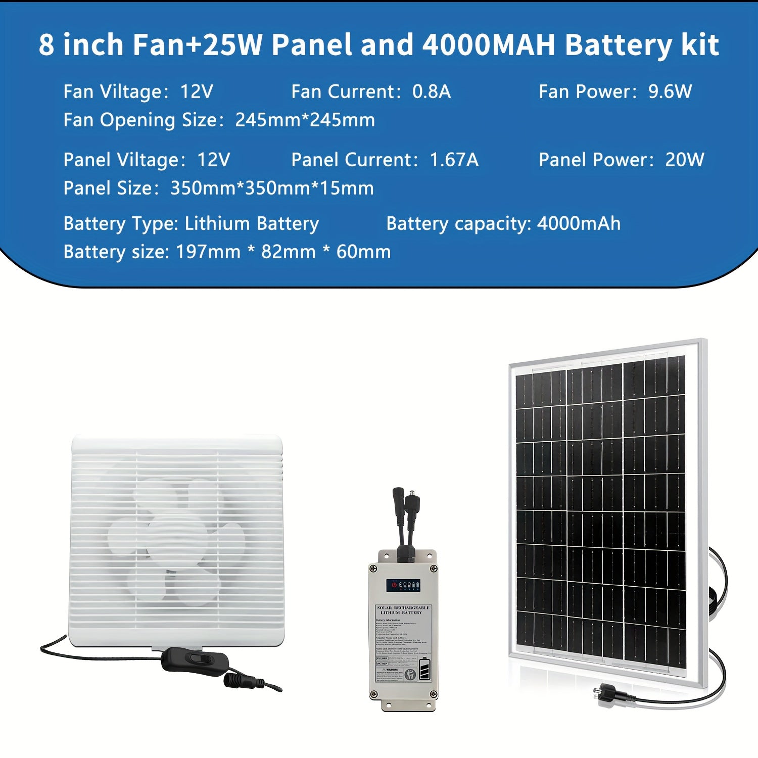 25W Solar Panel Ventilation Fan Set with 4000mAh Battery - 8 Inch High Speed Fan, Designed for Indoor Use, Equipped with Protective Grill and Louvers, Ideal for Ventilation in Greenhouse, Kitchen, Workshop, Shed, Attic and Pet House