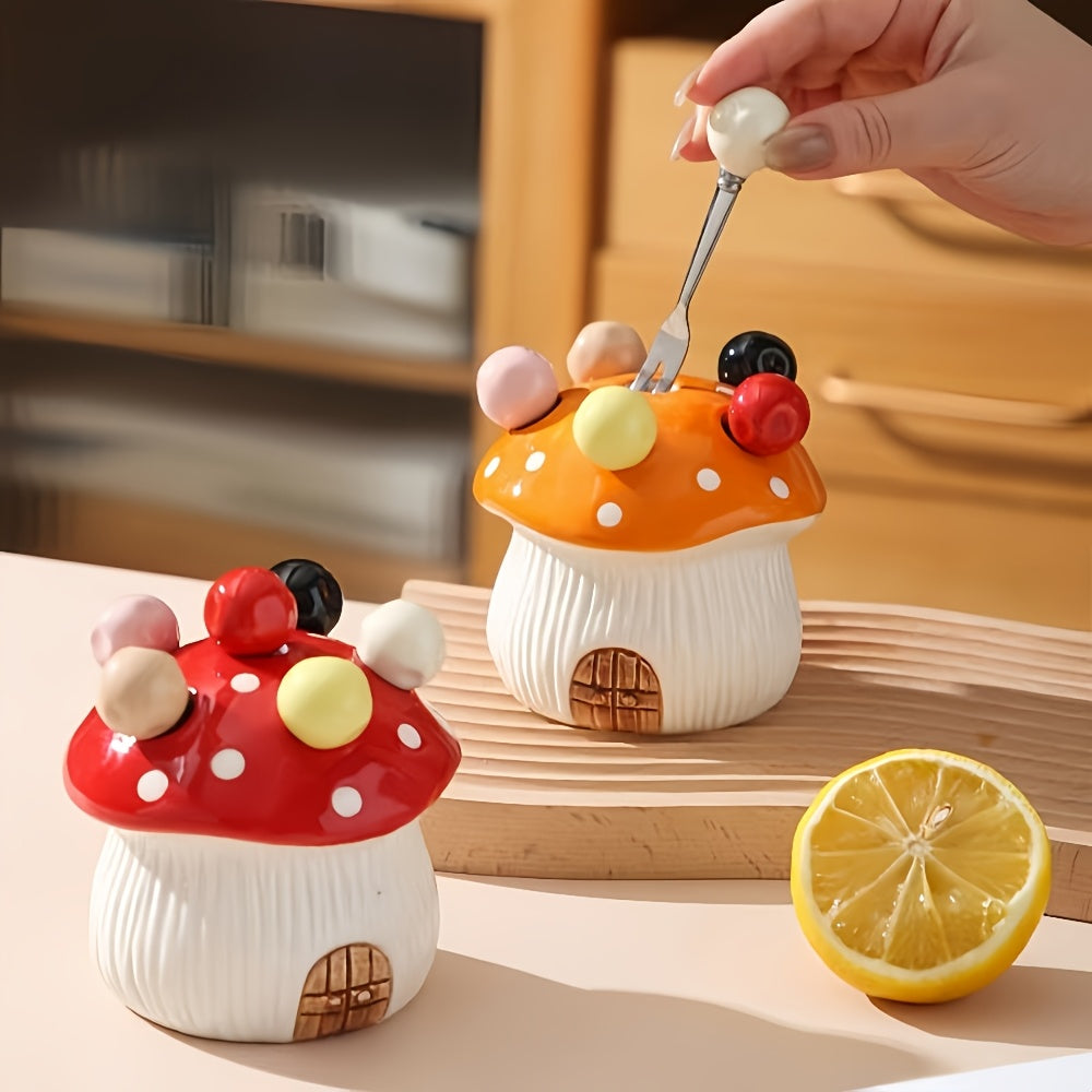1 Set of 7 Pieces – 6 Forks & 1 Base, Ceramic Mushroom-Shaped Dessert Fruit Cake Fork Set, with 304 Stainless Steel Forks – Suitable for Fruit & Dessert, Party & Gathering Home Décor, Christmas Gift Party Decoration