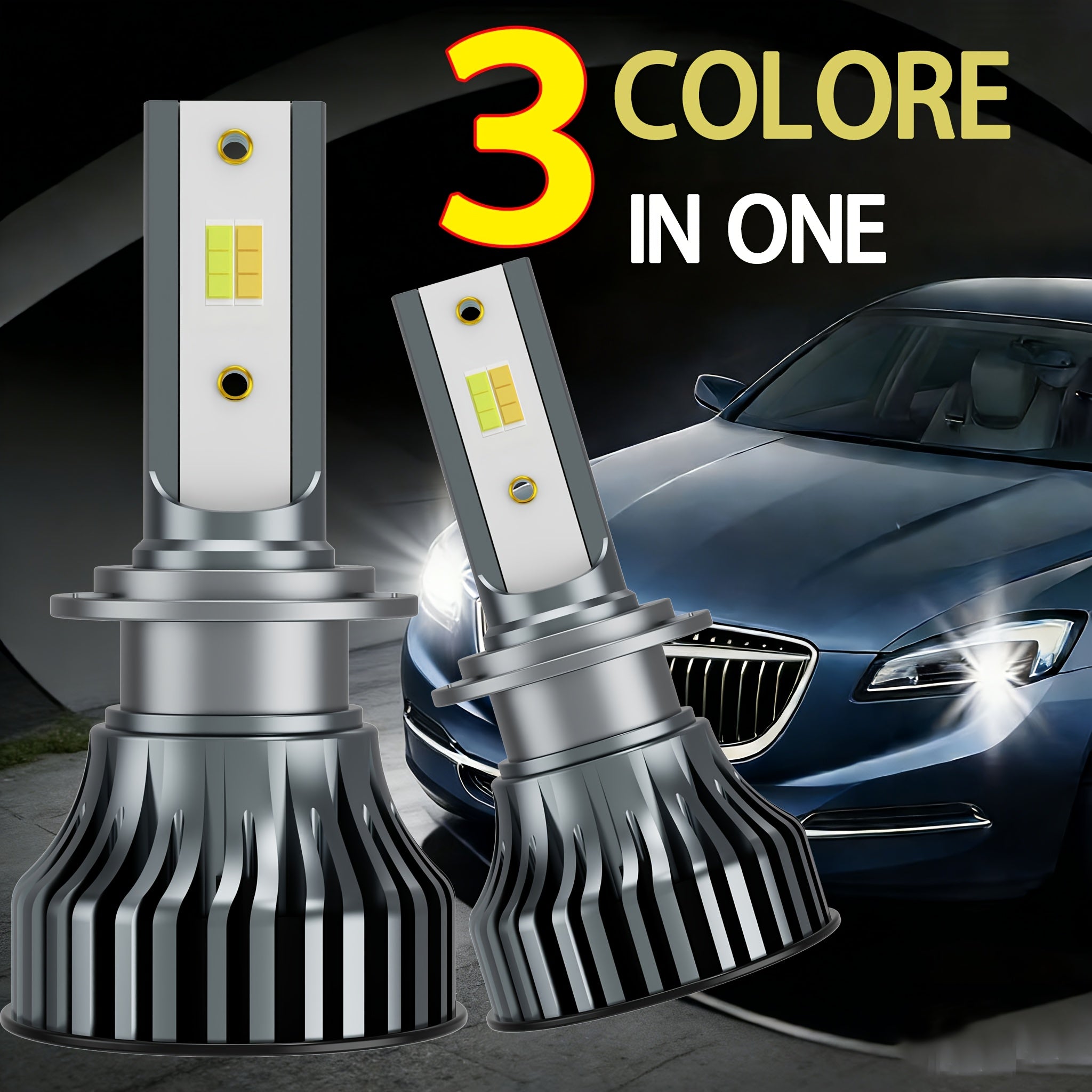 Tri-Color Car LED Headlight Kit, 2-Pack, H1 H4 H7 H11 9005 9012, 60000LM, Super Bright Fog Light Bulbs, Universal Compatibility, No Battery Included