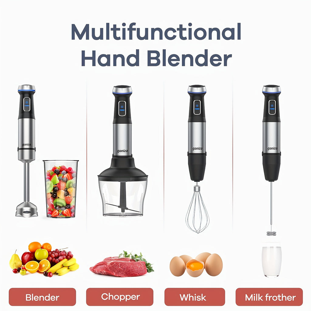 5-in-1 Handheld Blender, Max 1000W Powerful Motor, 15 Speed Levels, Equipped with Stainless Steel Blade, Mixing Cup, Chopper, Egg Beater and Milk Frother, Perfect for Homemade Smoothies, Sauces, Soups and Baby Food, Ideal Gift Option