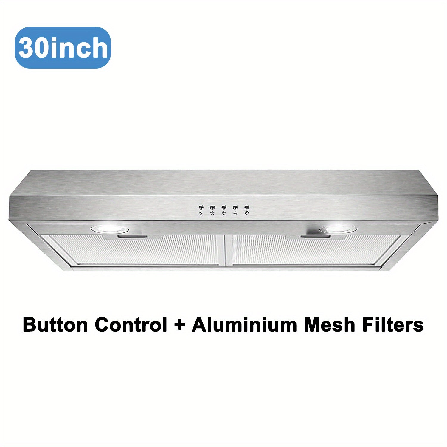 30-Inch Under-Cabinet Range Hood, 600 CFM Stainless Steel Kitchen Exhaust Fan, 3-Way Exhaust System, 2 LED Lights, Button/Touch Control