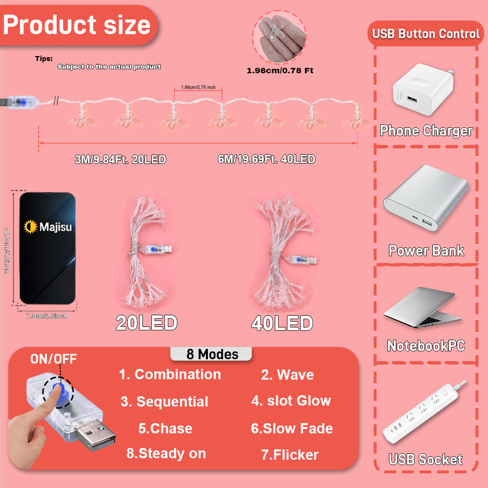 一組40/20 LED USB櫻花燈串，具備8種模式，適用於居家裝飾、牆面裝飾、派對、婚禮、聖誕節和樓梯裝飾