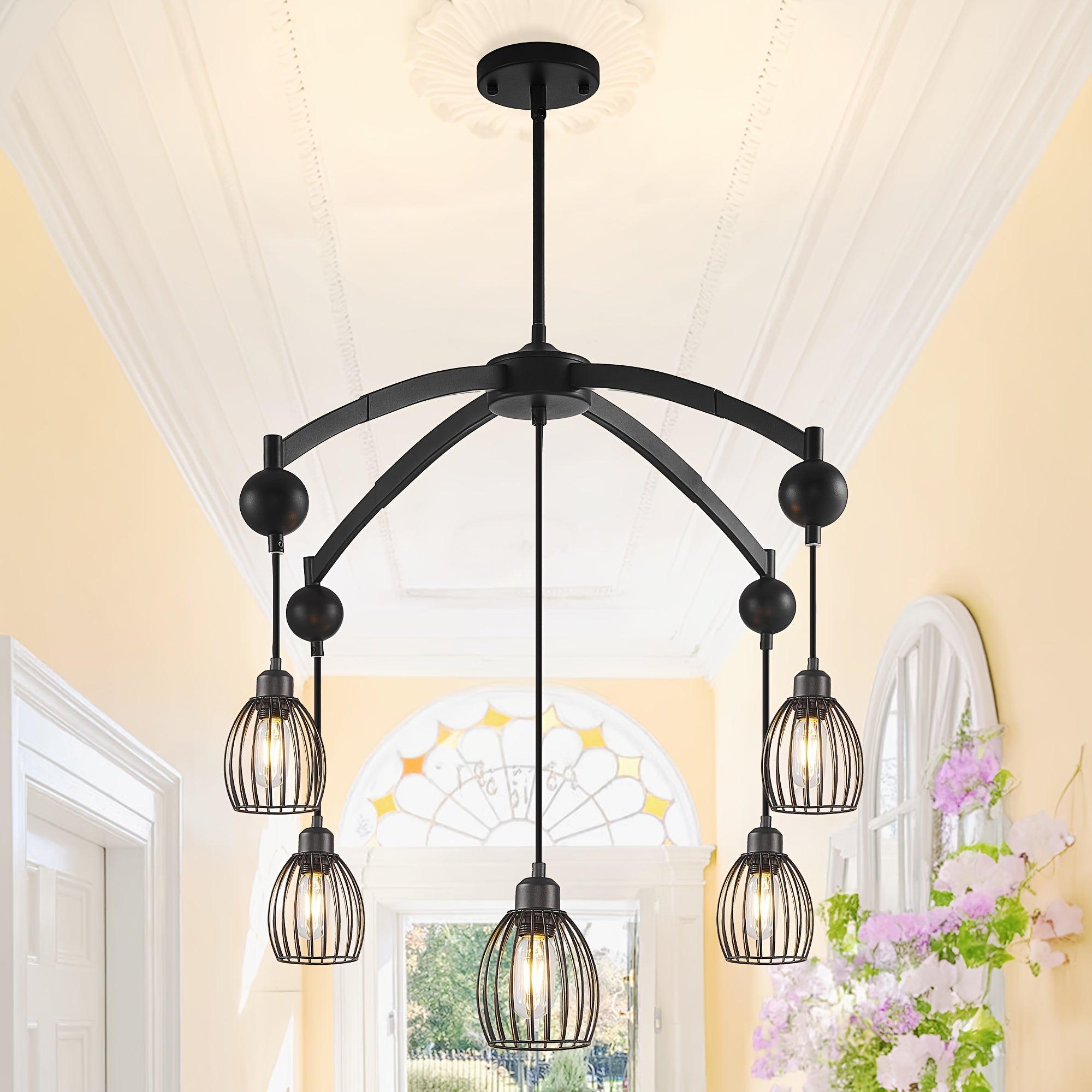 Adjustable farmhouse style pendant light, industrial metal cage ceiling light fixture