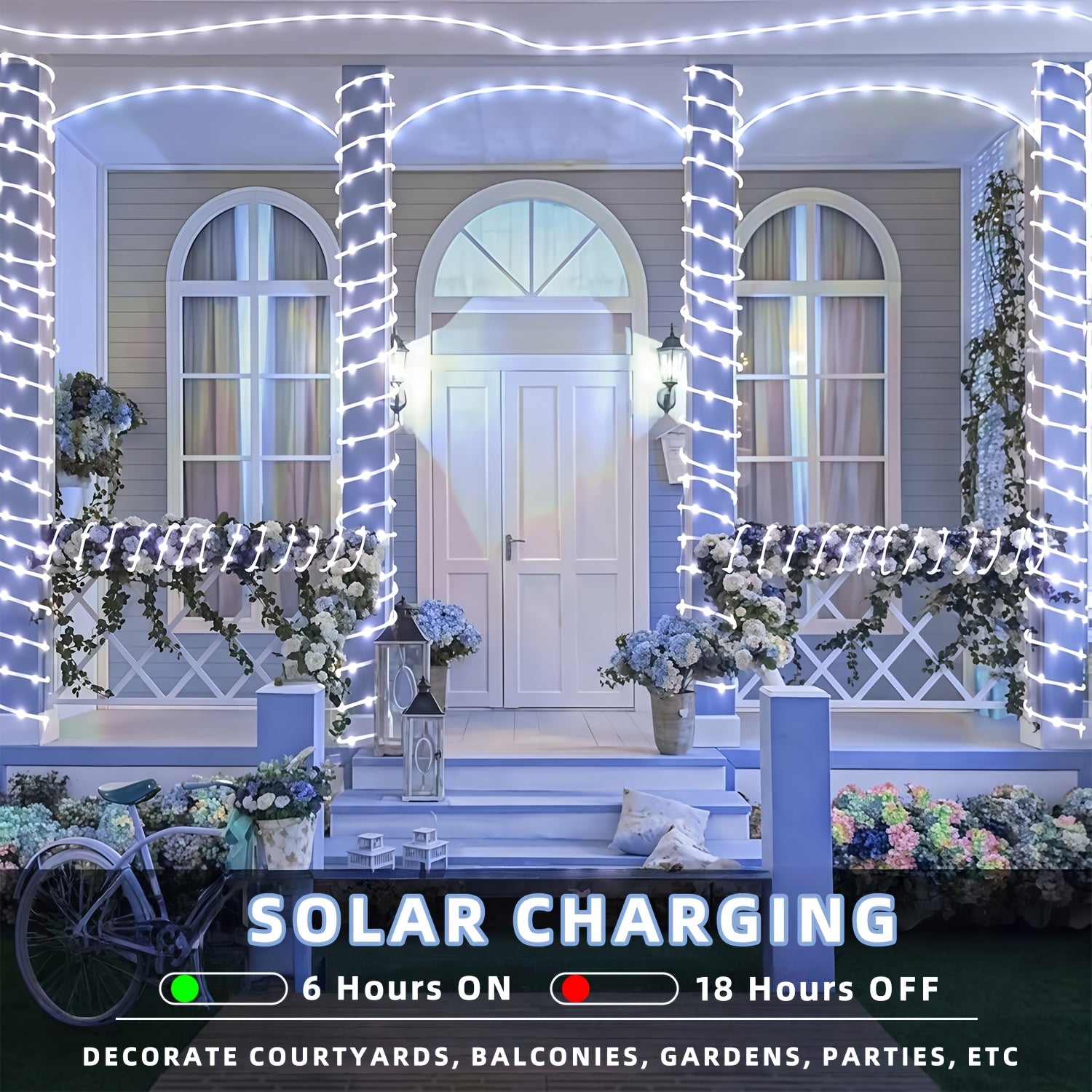 1pc solar tube light, 50/100/200/300 LED fairy flexible hose string light, 12 lighting modes, suitable for porches, courtyards, paths, fences, pools, parties, Christmas decoration