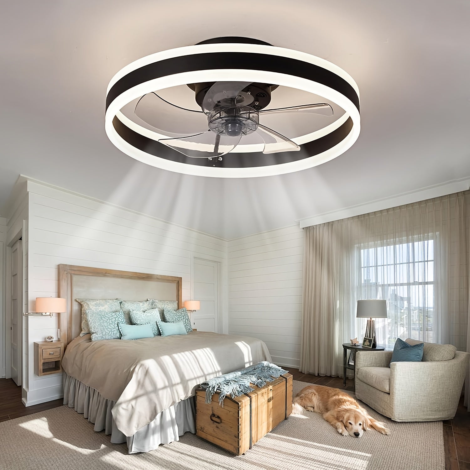 Low Profile Ceiling Fan with Light and Remote, Fandelier Flush Mount Ceiling Fan, 20 Inch Installation, Smart Bladeless LED Fan Light, 3000K-6500K, Black Modern Ceiling Fan for Bedroom