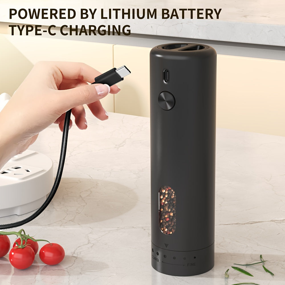 Electric Pepper Grinder Rechargeable – Automatic Salt & Pepper Grinder Set with 3.72oz Container, Exterior Adjustable Coarseness, White LED Light & One-Hand Operation – Perfect for Kitchen, Outdoor, BBQ & Gift Giving