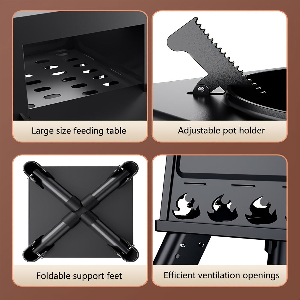 Portable Folding Fire Pit Stove - Compact Camping Fireplace with Wood Box Opening, Ash Tray & Stable Legs - Heavy-Duty Carbon Steel Outdoor Stove, Ideal for Camping, Backyard, Picnic, Beach
