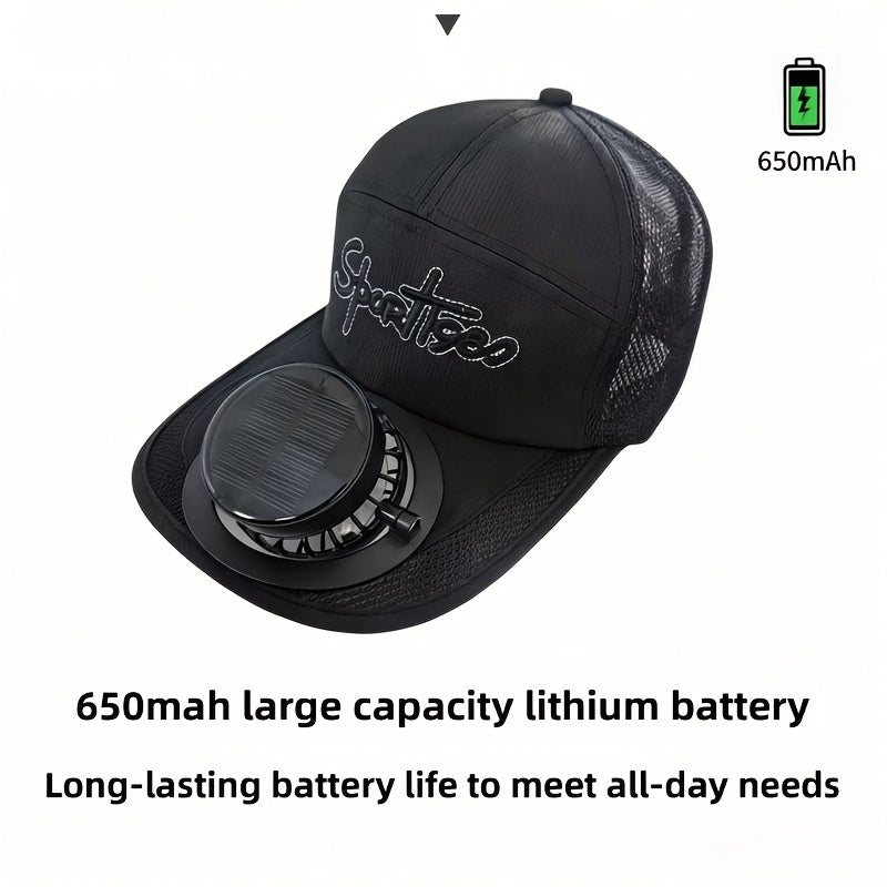 Solar Fan Baseball Cap, Hiking & Camping Hat, Adjustable Head Circumference for All Sizes, Solar + USB Multi-Charging Fan, New Design with Light Sensor Start, No Noise for More Comfort, 650mAh Large Capacity Lithium Battery for Longer Use