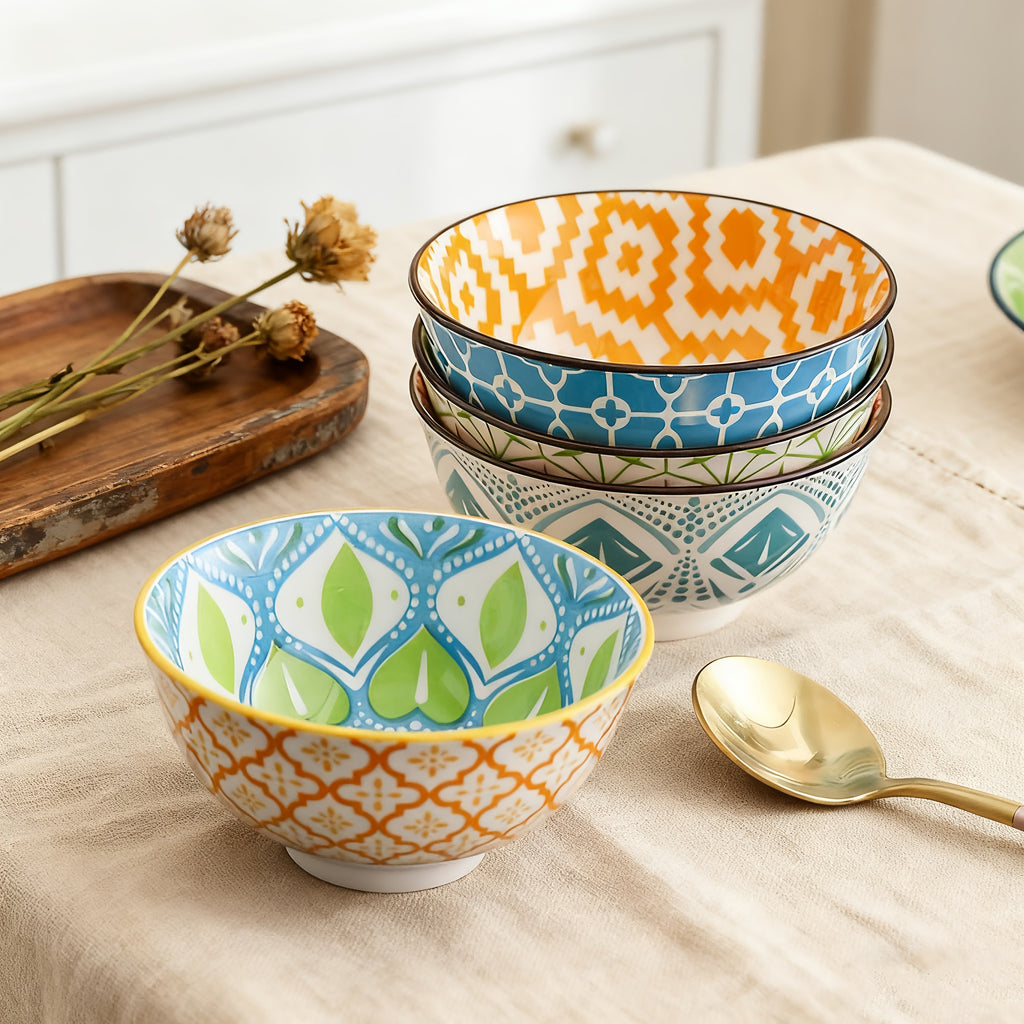 4-Piece Bohemian Style Ceramic Salad Bowls, 4.8-Inch Colorful Kitchen Bowl Set – Great Gift for Family & Friends – Can Be Used as Fruit Bowl, Salad Bowl, Cereal Bowl, Rice Bowl, etc. – Dishwasher & Microwave Safe