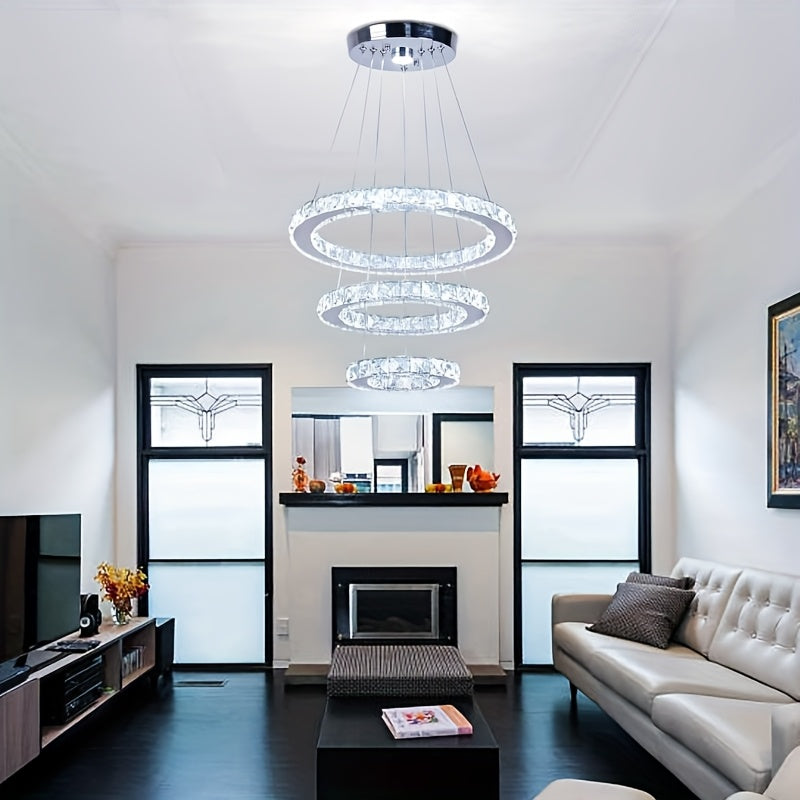 Modern LED Chandelier Crystal Pendant Light 3-Ring Round Pendant Light Adjustable Stainless Steel Ceiling Fixture, Suitable for Living Room, Dining Room, Bedroom