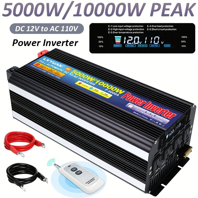 LVYUAN 5000W/10000W（峰值）汽车电源逆变器，12V/24V转110V带4个交流插座，LCD显示屏，3.1A USB车载适配器，适用于汽车、房车、卡车、离网太阳能系统、智能手机、笔记本电脑、户外露营