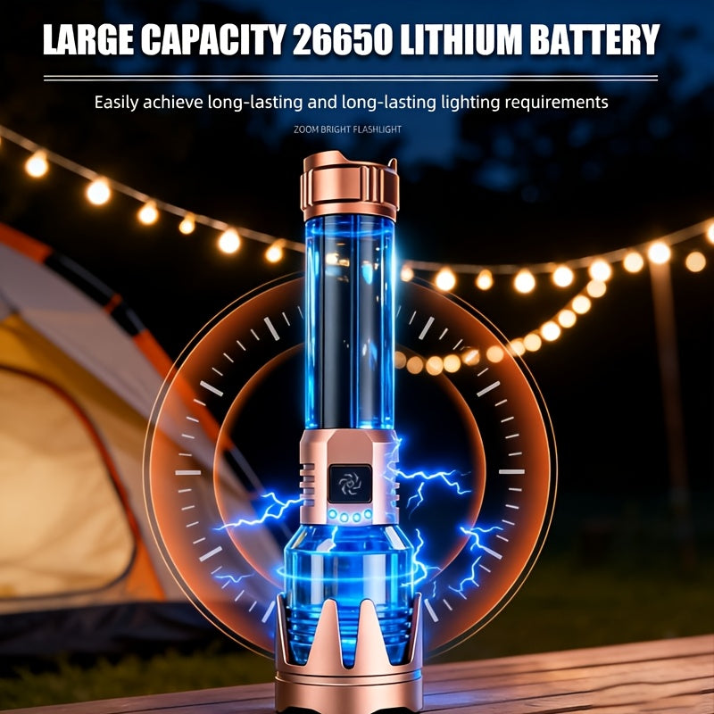 All-Aluminum Flashlight, Includes Small Storage Pouch, Equipped with Durable 5000mAh Battery, Zoomable Lens, Fresnel Lens Ignition Function, A Great Gift Idea. Features a Hands-Free Lanyard Design