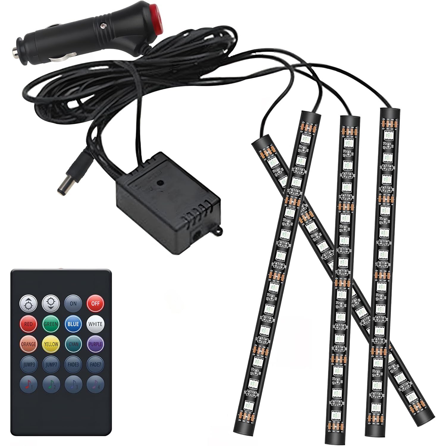 4合1 5050 SMD 48LED RGB 车内氛围灯条，适用于仪表盘下、脚部等区域，带车用插头和20键控制，适用于汽车、卡车、ATV、UTV、房车