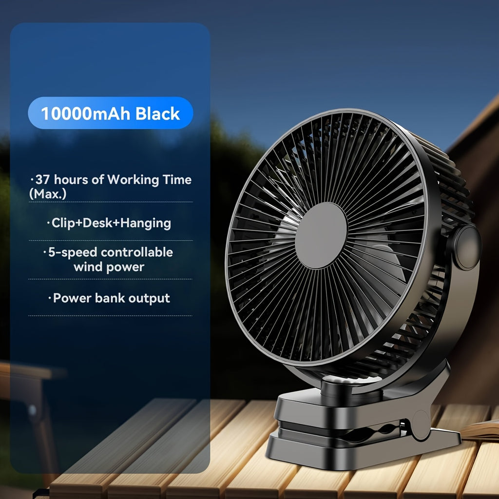 8 Inch Portable Clamp Desk Fan, 10000mAh Battery Up to 37H Working Time, USB Rechargeable Quiet Strong Airflow Fan with Digital Display, 5 Speed Levels, Durable Clamp Fan with Power Bank Output