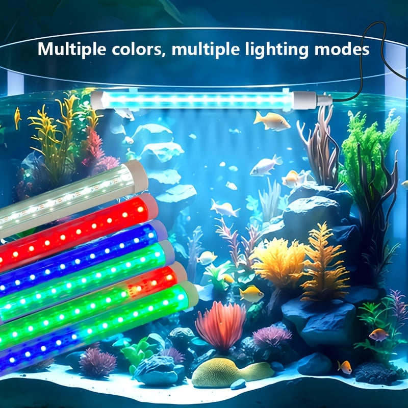 RGB multi-color aquarium submersible smart lighting fixture, multiple light colors, multiple lighting modes, aquarium lighting tube, fish growth light, timer adjustable colors, aquarium decorative lighting fixture, equipped with suction cup design