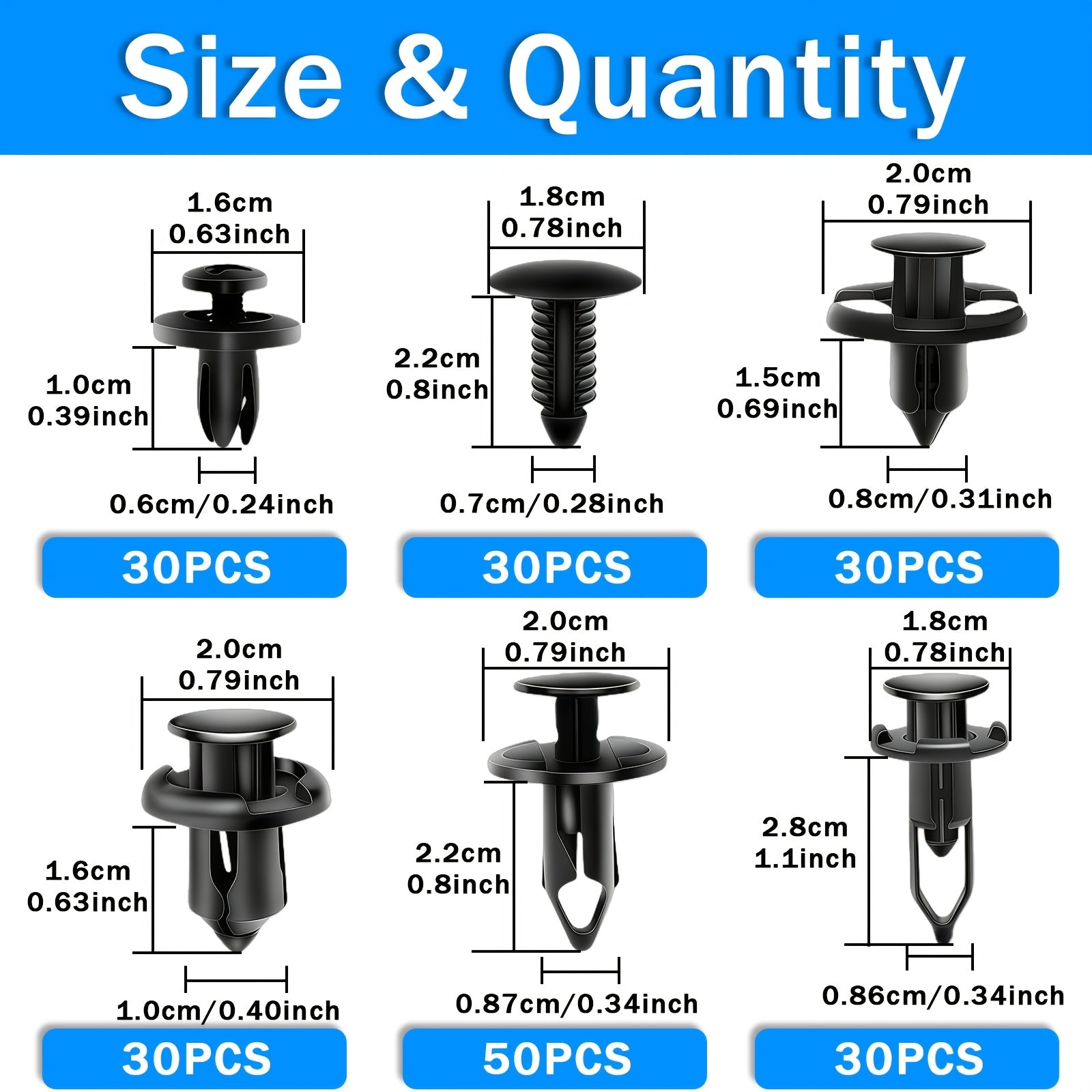 200-Piece Multi-Purpose Universal Car Retainer Clips, Assorted Sizes 6mm-10mm, Sturdy & Durable, Portable & Practical, Multi-Use Auto Fasteners for Car Bumper, Fender & Trim Repair