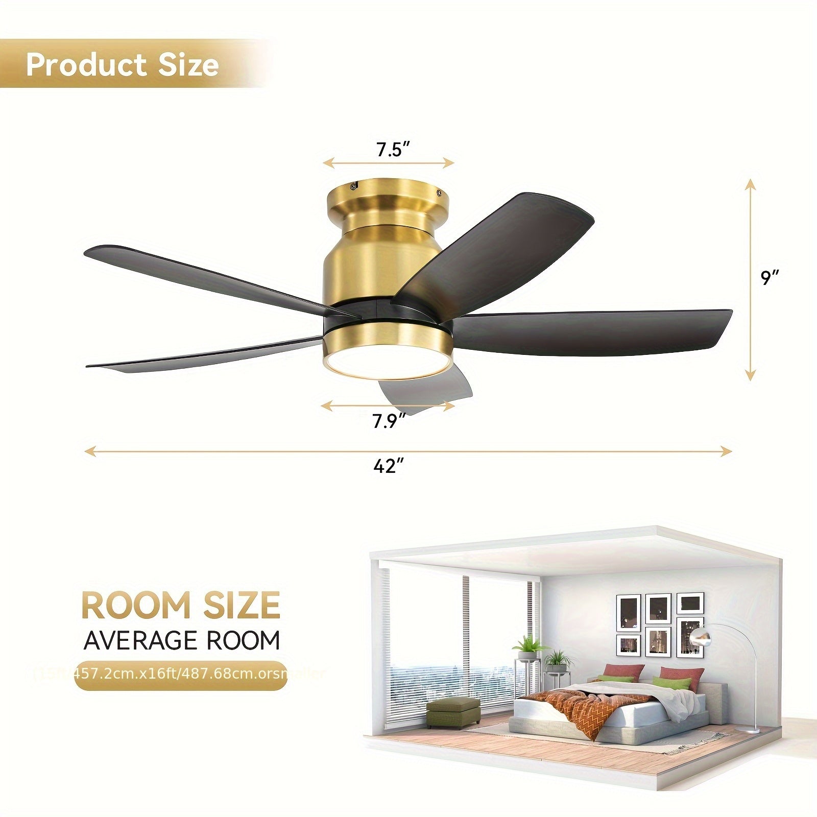 Sofucor 42 Inch Modern Ceiling Fan with Light, 5 Blades Remote Silent Reversible DC Motor, 6 Speed Levels, Timing Function, 3-Color Dimmable LED Light, Black and Gold Dual Design, Energy Saving High Quality Motor