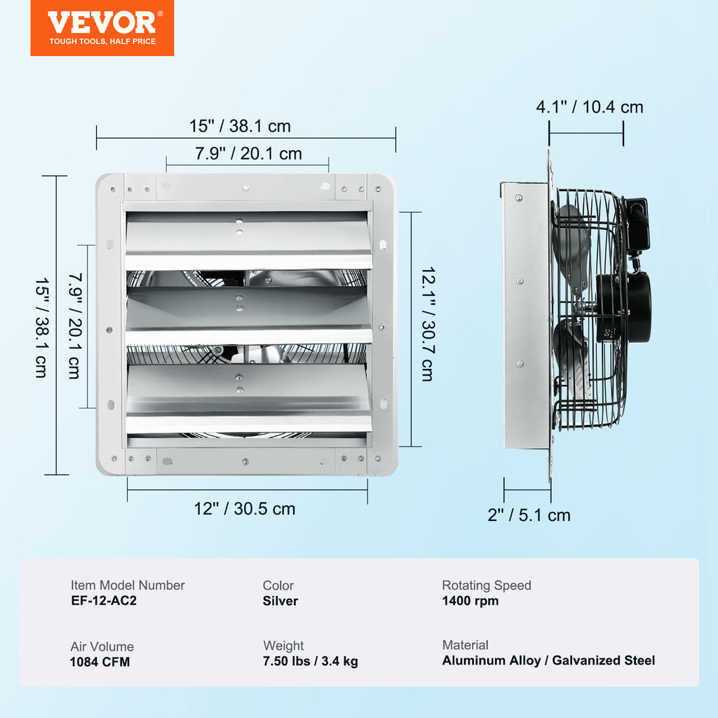 VEVOR 12" Shutter Exhaust Fan with Speed Control - AC Motor, 1000 CFM, Easy Wall Mount Installation, for Greenhouse, Garage and Shed, US Plug