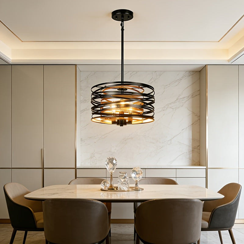 Adjustable Height Industrial Spiral Pendant Light, 3-Light Black Drum Cage Pendant Light with Sloped Ceiling Adapter, Modern Rustic Style Lighting Fixture, Suitable for Dining Room Hall, E12 Socket (Bulb Not Included)