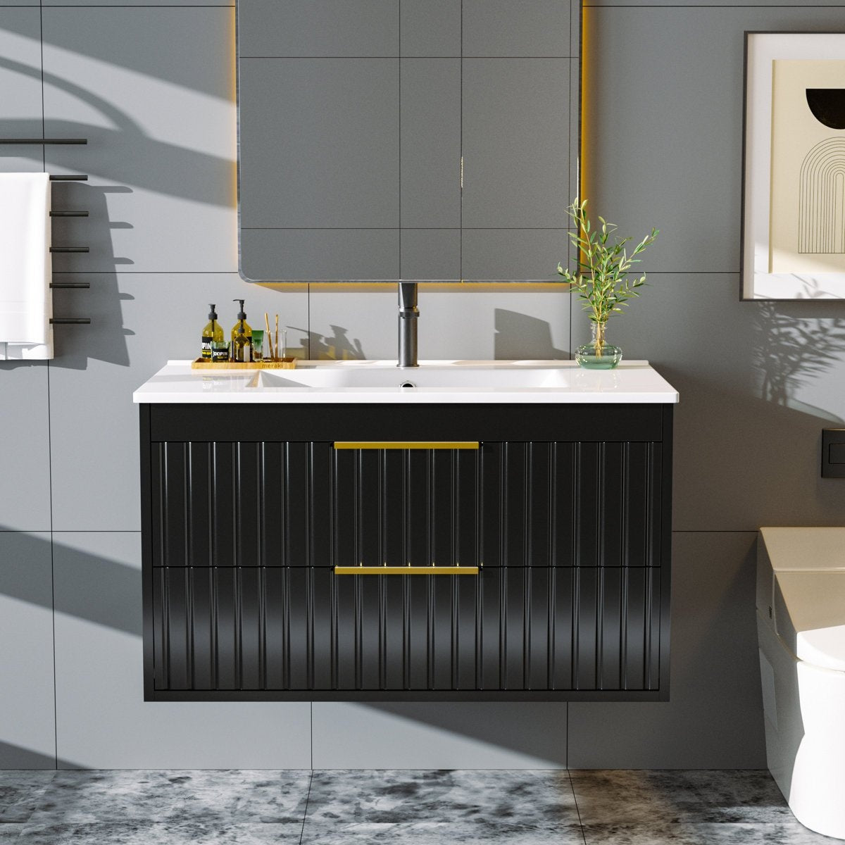 Bathroom Vanity with Sink - Wall Mount Floating Basin Cabinet, Soft-Close 2 Large Drawers, Modern Textured Stripe Design, Hidden Damping Drawers