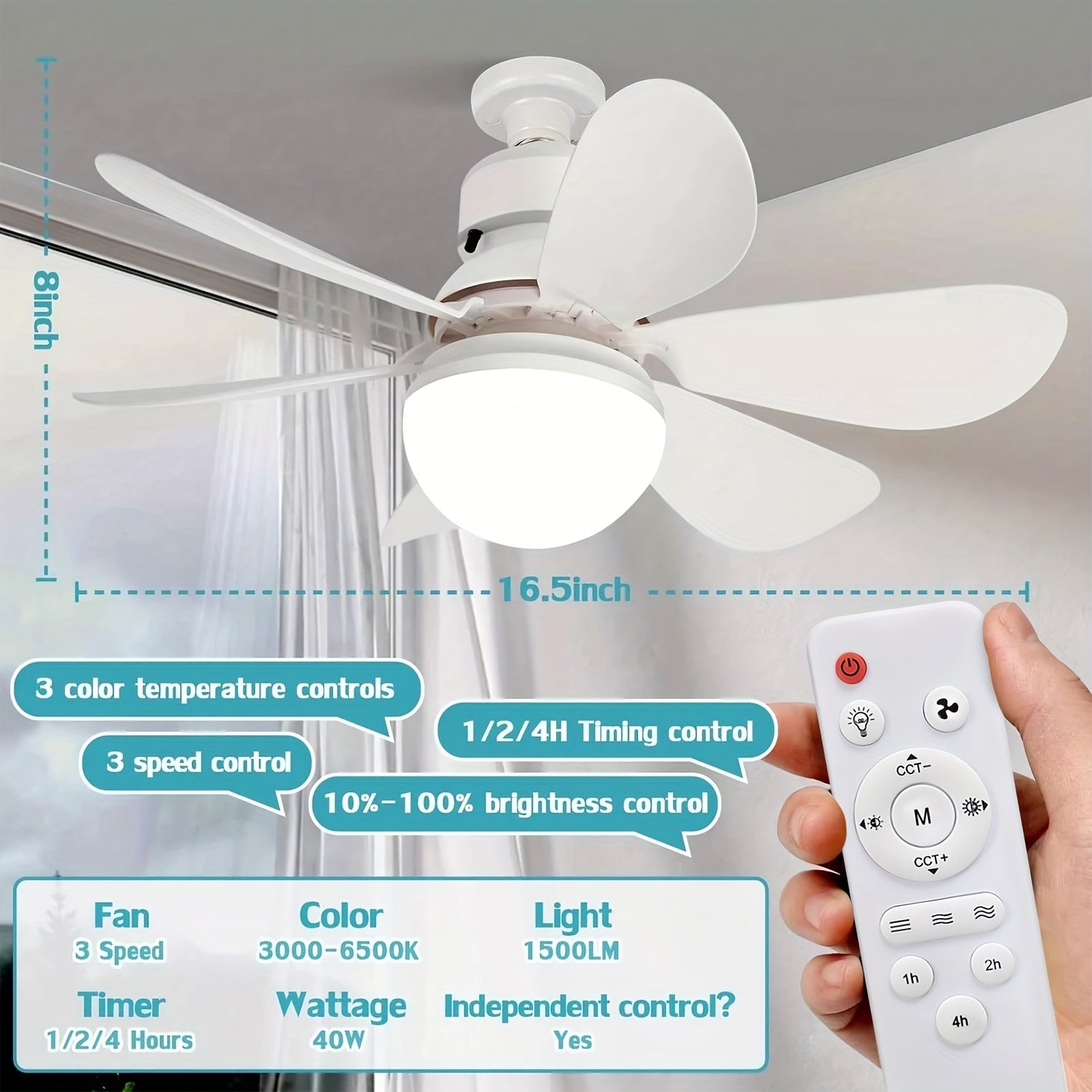 High Power E27 Base Ceiling Fan 30W with Dimmable LED Light, Silent Motor Remote Control Fan Light, E27 Extended Base, 3 Speed & Color Temperature Adjustment, Energy Saving Easy Installation for Living Room Bedroom