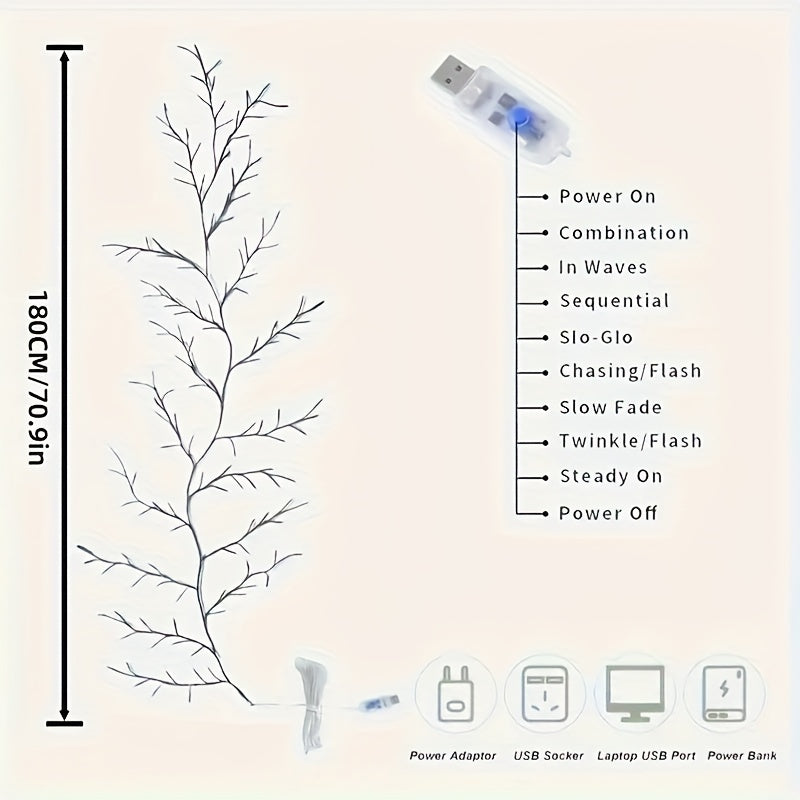 AMill USB 电源 96 个 LED 柳藤壁灯 - 暖白色，70.9 英寸人造植物枝条照明，适合舒适的客厅和卧室装饰，非常适合圣诞节壁炉架或节日墙面点缀、节日墙面装饰|节庆氛围|暖白光，客厅灯，最适合圣诞节