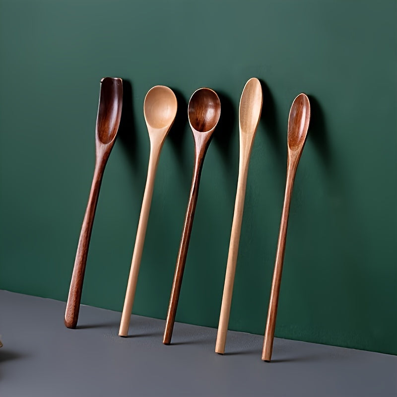 5 Long Handle Coffee Spoons, Wooden 7.8-Inch Coffee Spoons, Long Handle Stirring Spoons, Tea Spoons, Ice Cream Spoons – Unique Style Long Handle Spoons, Premium Wood – Ideal for Stirring – Perfect for Wedding Gift Baskets