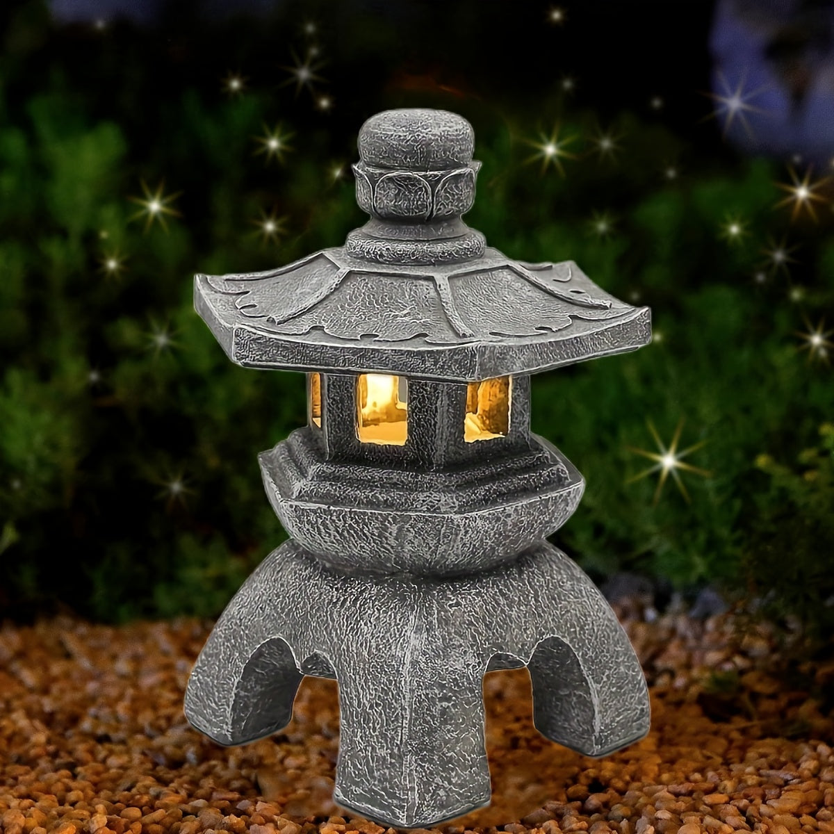 Garden Solar Glazed Pagoda Lamp Statue, Suitable for Indoor and Outdoor Use, Perfect for Adding a Touch of Zen Asian Style to Your Landscape, Balcony, Garden, Patio or Porch. Made of Polyester Resin with Grey Stone Base