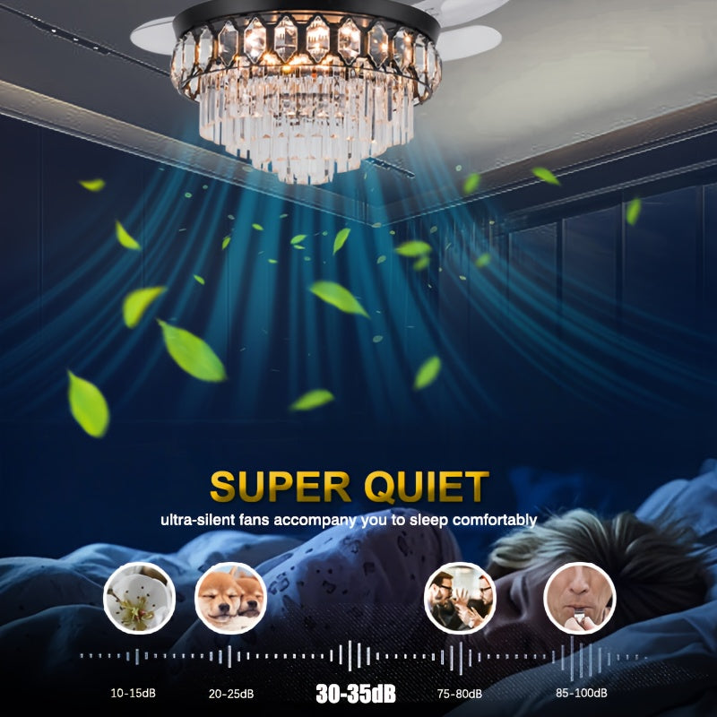 42 Inch Black Crystal Ceiling Light, Luxury Retractable Chandelier Fan with Music Player, 6-Speed Dimmable Chandelier, Ideal for Bedroom Living Room, Chandelier with Fan, Home Theater Lighting