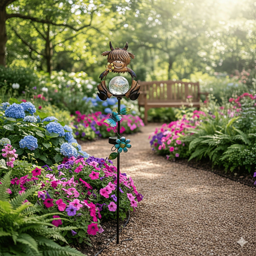 1 Highland Cow Solar Garden Ground Insert Light, LED Small Path Light, with Cracked Glass Ball and Butterfly Decoration, Whimsical Farmhouse Courtyard Art, Suitable for Outdoor Patio Lawn Walkway Decoration