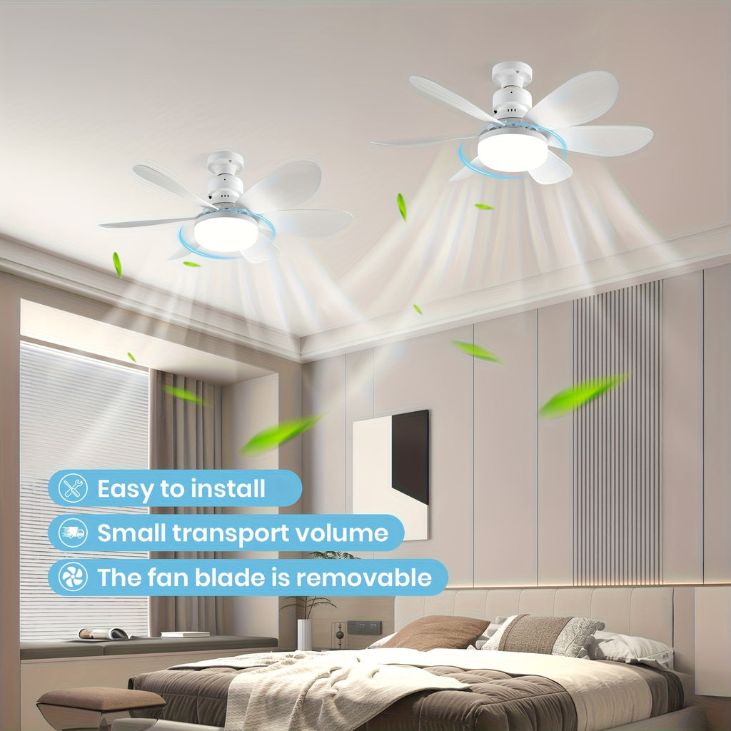 20.5/16.5 Inch White Multi-Color Flush Mount Ceiling Fan Light with Remote, E27/E26 Base 6-Blade LED Fan Light, 3 Light Colors & 3 Wind Speeds, 40W Bulb Replacement Ceiling Fan Lamp Perfect for Bedroom Home Use