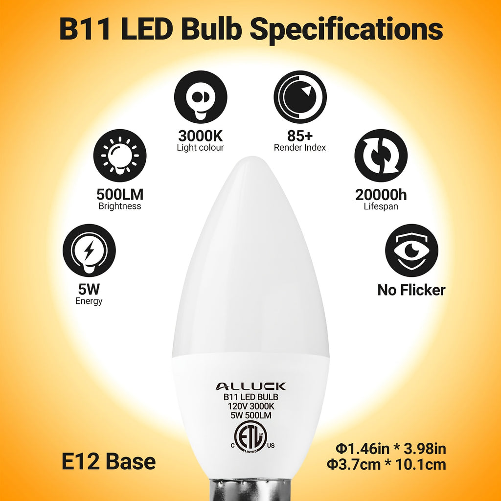 B11/C37 LED candle bulb, 5 watt, 500 lumens (50W equivalent), E12 base, CRI 85+, available in 3000K warm white, 5000K neutral white and 6500K cool white, non-dimmable, suitable for home, bar, restaurant and hotel decoration