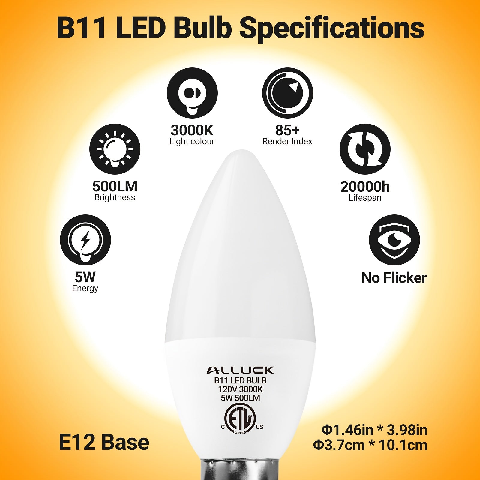 B11/C37 LED candle bulb, 5 watt, 500 lumens (50W equivalent), E12 base, CRI 85+, available in 3000K warm white, 5000K neutral white and 6500K cool white, non-dimmable, suitable for home, bar, restaurant and hotel decoration