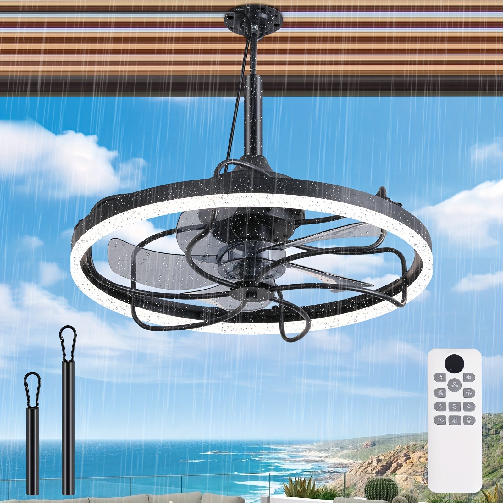 20 Inch Outdoor Ceiling Fan with Light, Waterproof Gazebo Fan with Lighting, Hanging Outdoor Fan with Remote & Protective Cover, 6 Speed Adjustable Black Fan for Patio, Pergola, Porch, Canopy