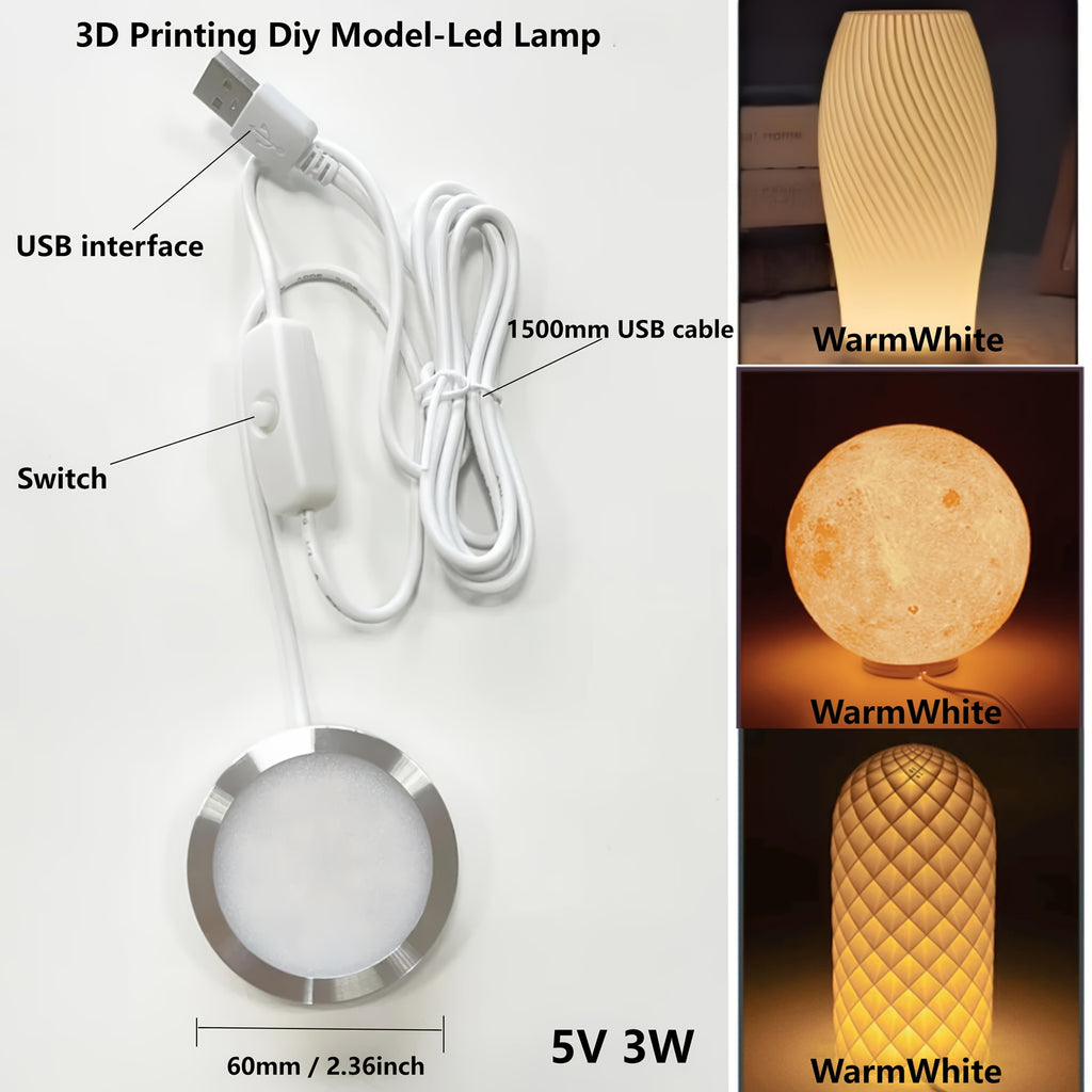 3D 打印台灯 LED 组件 DIY 模型 ，超薄 8mm，直径 60mm、LED 筒灯 / 射灯、适用场景（台灯，办公，衣卫橱、酒柜、展柜，）DIY 复活节礼物、科技爱好者，只有灯组无 3D 打印模型。
