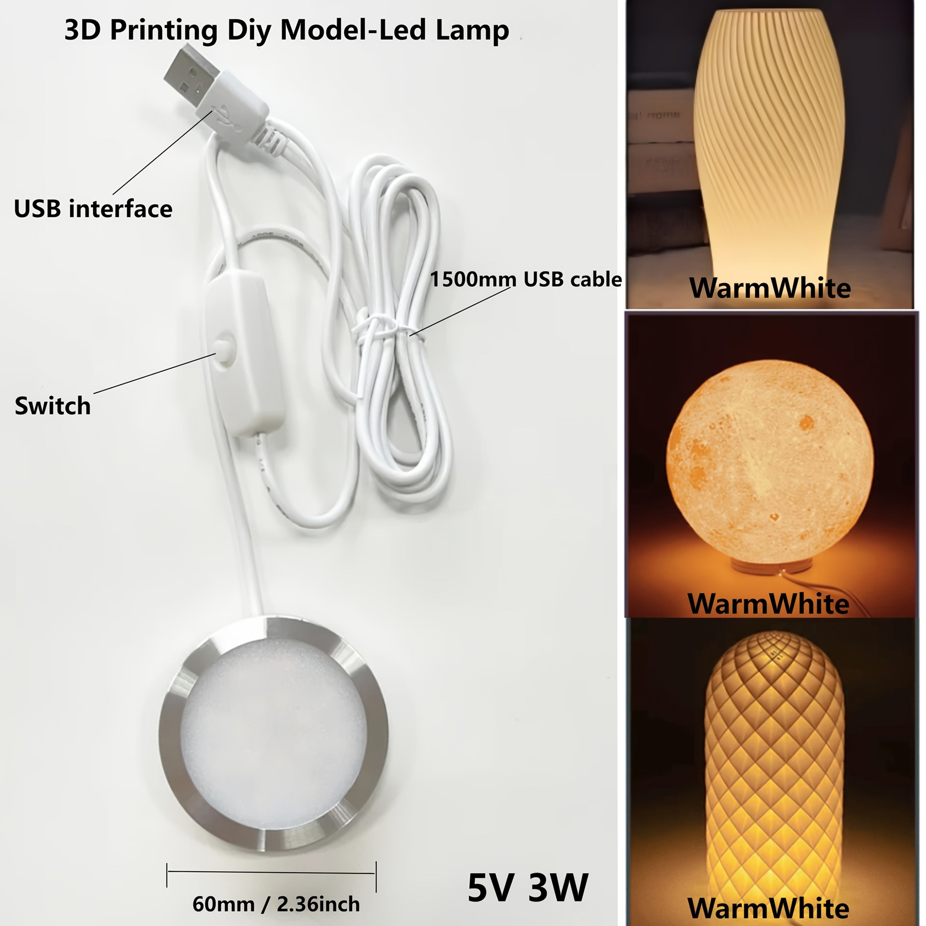 3D 打印台灯 LED 组件 DIY 模型 ，超薄 8mm，直径 60mm、LED 筒灯 / 射灯、适用场景（台灯，办公，衣卫橱、酒柜、展柜，）DIY 复活节礼物、科技爱好者，只有灯组无 3D 打印模型。