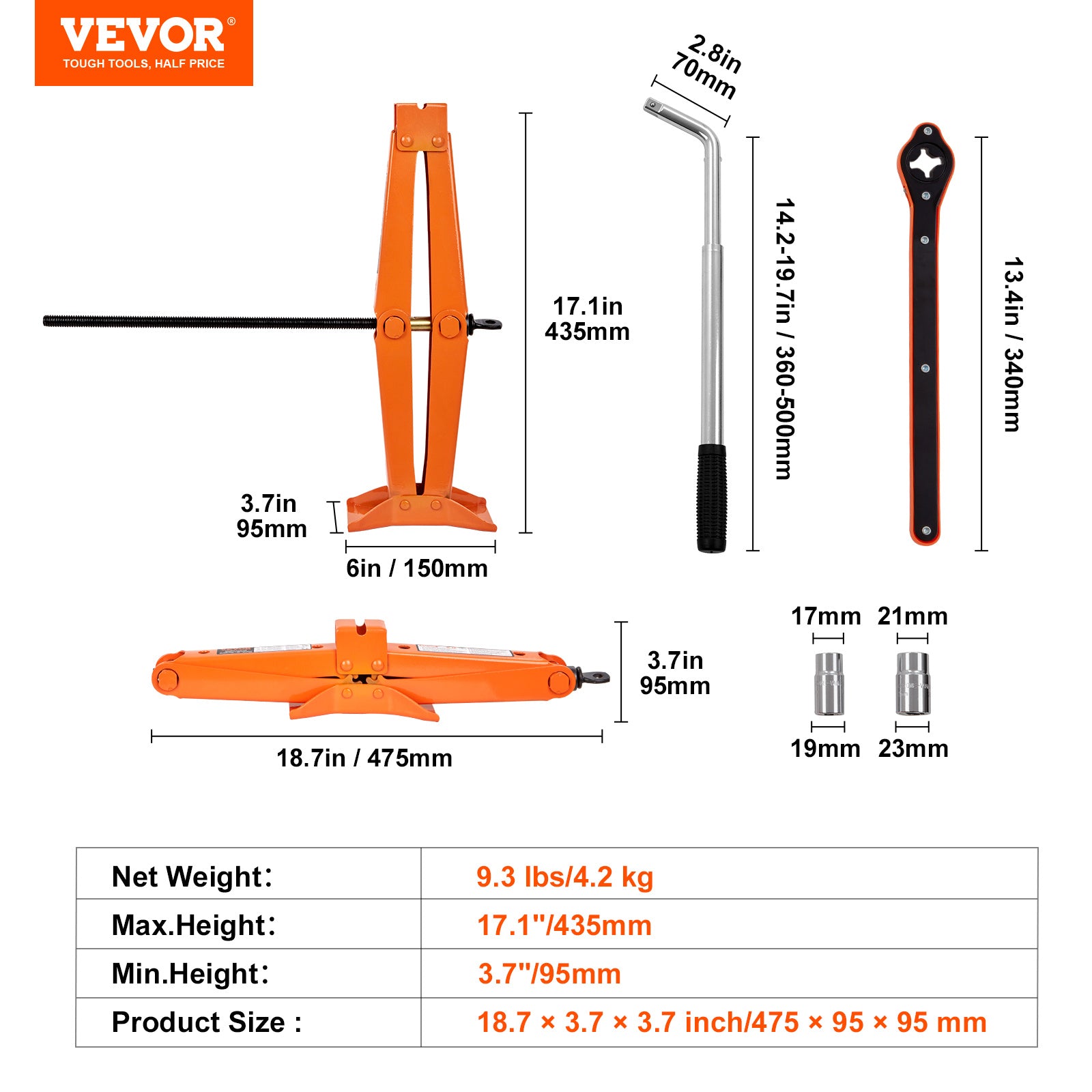 VEVOR Scissor Jack, 2.5 Ton/5512 lbs Scissor Car Jack, 3.7"-17.1" Lifting Range, Includes Ratcheting Handle & L-Wrench, Portable Tire Jack for Cars, Trucks, MPVs