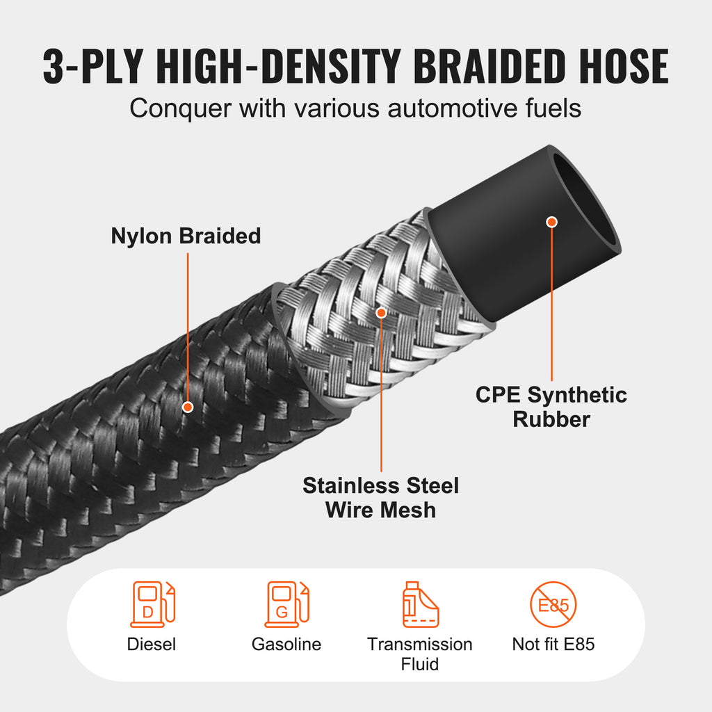 VEVOR 6AN/8AN Fuel Line Kit, 20 FT Fuel Hose Kit, 0.34"/0.43" Nylon Stainless Steel Braided Fuel/Gas/Diesel Hose End Fitting Kit, with 12 PCS Swivel Fitting Adapter Set, Black