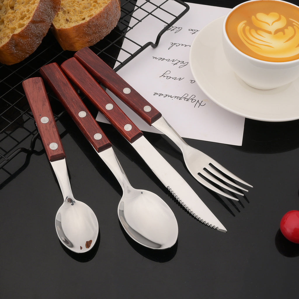 24-Piece Stainless Steel Cutlery Set with Wooden Handles – Mirror Polished Knife, Fork, Spoon & Tea Spoon – Vintage Flatware Set Service for 6 – Perfect for Home, Restaurant & Weddings